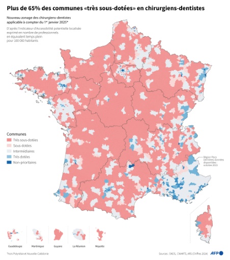 Nouveau zonage des chirurgiens-dentistes applicable au 1er janvier 2025 en France, hors région Paca, Polynésie française et Nouvelle-Calédonie
