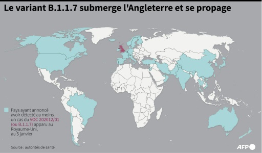 Map showing countries that have already registered a case of the novel coronavirus variant detected in the UK
