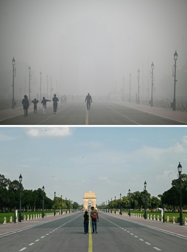 En haut, le chemin Kartavya englouti dans un épais smog, près de la porte de l'Inde à New Delhi le 18 novembre 2024. En bas, le même site, le 26 septembre 2024
