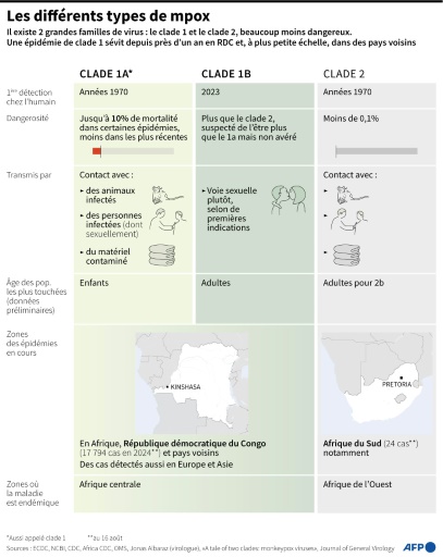 Présentation des clades ou sous-clades 1a, 1b et 2 du mpox
