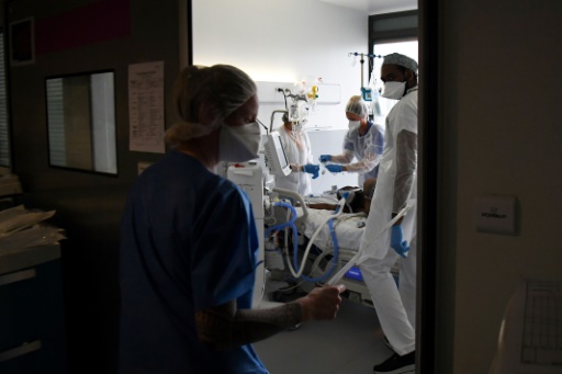 Du personnel médical s'occupe d'un malade du Covid-19 placé sous assistance respiratoire au CHU Pierre Zobda-Quitman de Fort-de-France, le 1er décembre 2021
